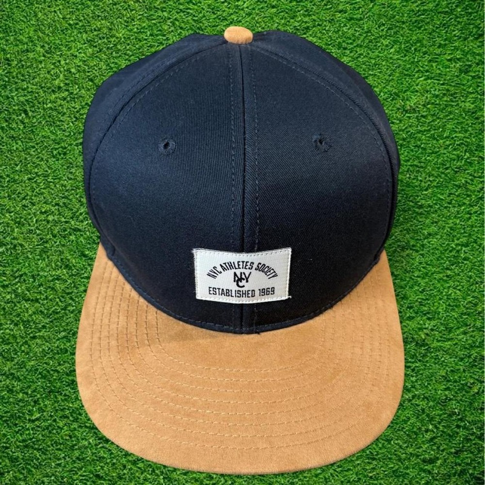 HM NYC Athletes Society Snapback Hat Mens Navy Blue Tan Brown Brim Vintage Cap